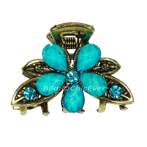 Haargreifer Blumen Haarklammer Metall Strass 3x2cm türkis gold 5692b - zum Schließen ins Bild klicken